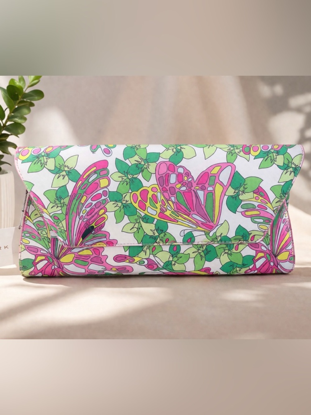 Trina Turk Large Butterfly Print Envelope Clutch Resort Bag Pink Green NWT